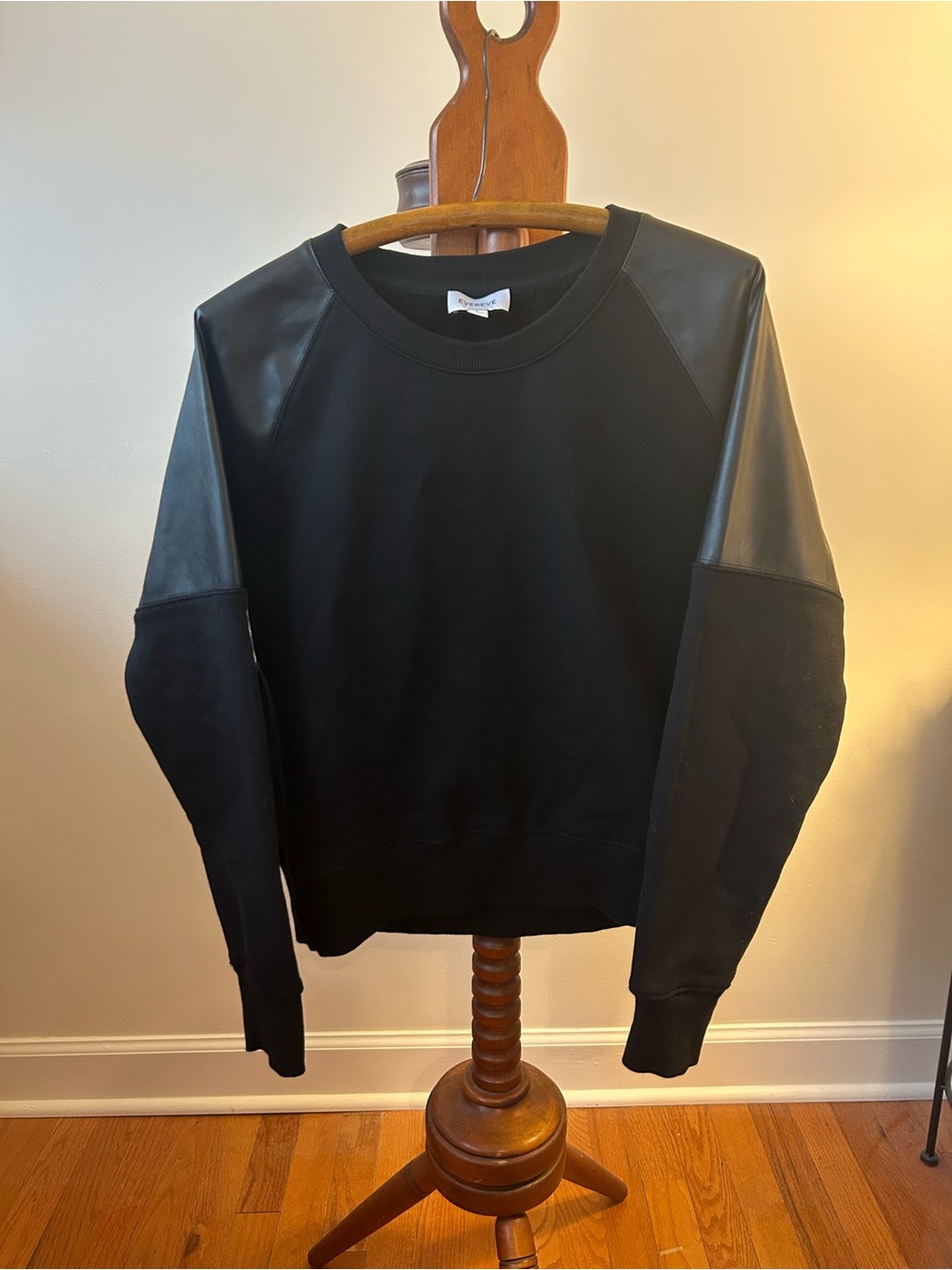 Evereve Black Crewneck Sweatshirt with Faux Leather Shoulder Panels